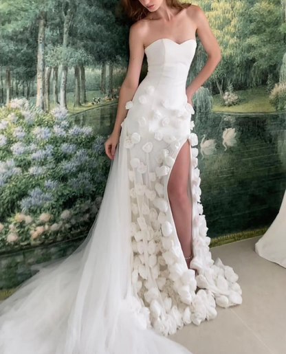 Beautiful Pink Strapless Tulle Rose Flowers Prom Dress Mermaid Slit Evening Dress Wedding Dress cc2084