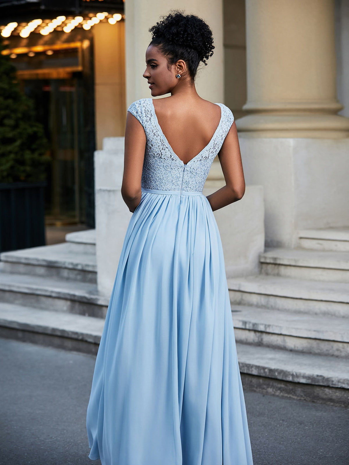 Lace and Chiffon Maxi Dress with Cap Sleeves-Sky Blue