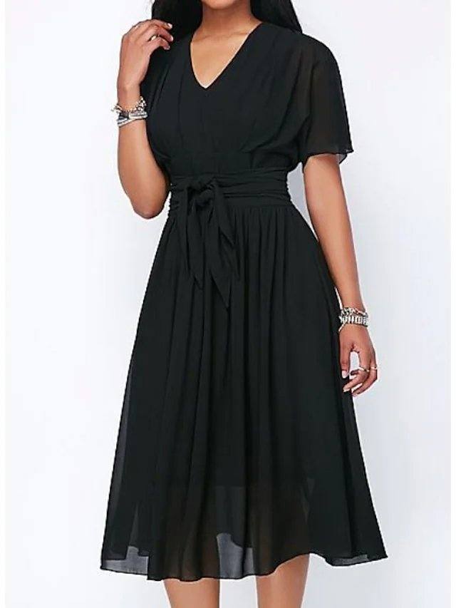 A-Line Mother of the Bride Dress Elegant V Neck Tea Length Chiffon Satin Short Sleeve with Sash / Ribbon Pleats - RongMoon