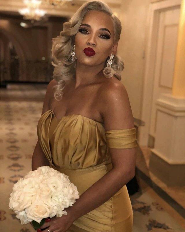 Long Gold Satin Off Shoulder Mermaid Bridesmaid Dresses - RongMoon