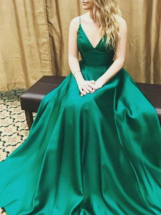 A-Line/Princess Sleeveless Spaghetti Straps Elastic Woven Satin Floor-Length Dresses - RongMoon