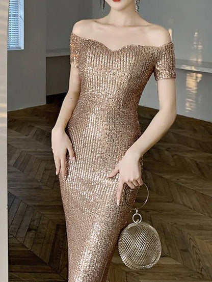 Mermaid / Trumpet Color Block Sparkle Wedding Guest Formal Evening Dress Off Shoulder Short Sleeve Floor Length Sequined with Sequin - RongMoon