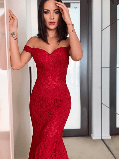 Sheath/Column Off-the-Shoulder Sleeveless Lace Ruffles Sweep/Brush Train Dresses - RongMoon
