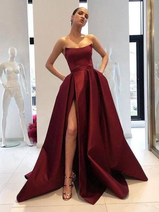 Ball Gown Sleeveless Strapless Sweep/Brush Train Ruffles Satin Dresses - RongMoon