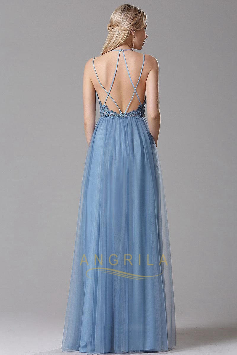 A-Line Sky Blue Lace Tulle Long Prom Dresses with Floral Lace and Spaghetti Straps