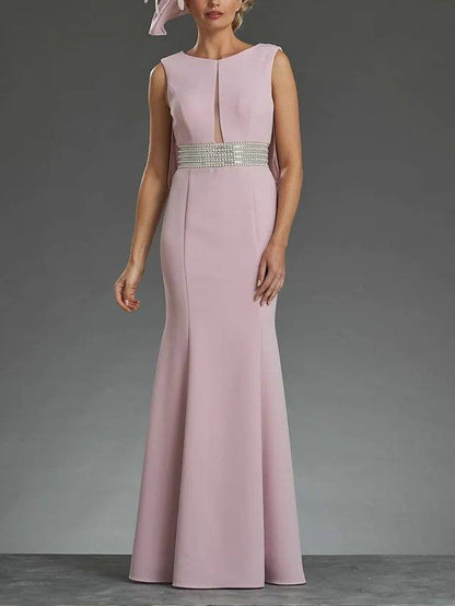 Sheath / Column Mother of the Bride Dress Elegant Jewel Neck Floor Length Stretch Fabric Sleeveless with Sash / Ribbon Sequin - RongMoon