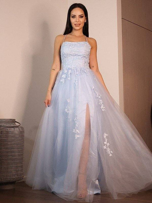 A-Line/Princess Lace Ruffles Spaghetti Straps Sleeveless Floor-Length Dresses - RongMoon