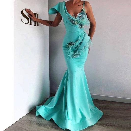 Turquoise Muslim Evening Dresses Mermaid V-neck Feather Crystals Islamic Dubai Saudi Arabic Long Formal Evening Gown - RongMoon