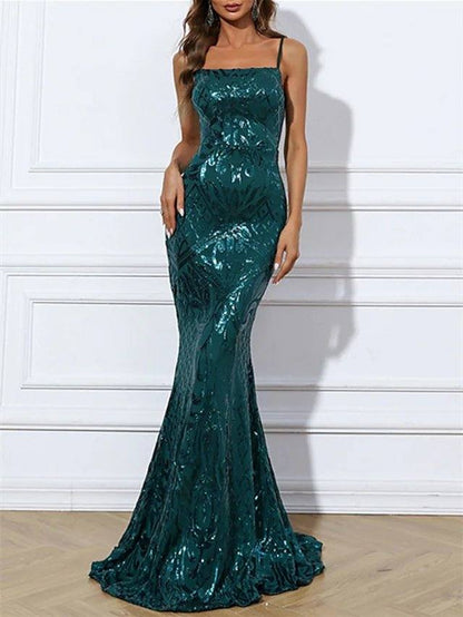Mermaid / Trumpet Sparkle Sexy Engagement Formal Evening Dress Spaghetti Strap Strapless Sleeveless Sweep / Brush Train Stretch Fabric with Sequin - RongMoon