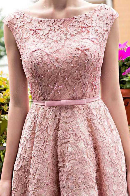 Bateau A-line/Princess Sleeveless Beading Lace up Tea-length Prom Dresses