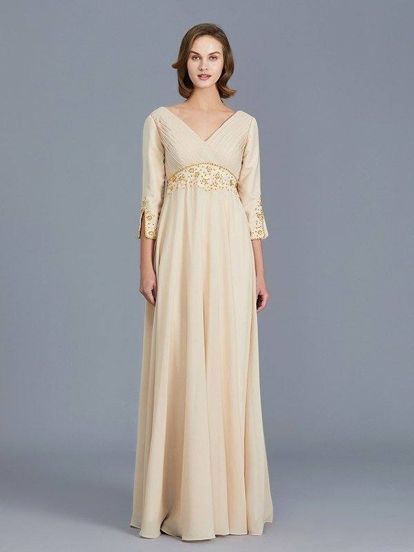 A-Line/Princess V-neck Ruffles Chiffon Floor-Length Mother of the Bride Dresses - RongMoon