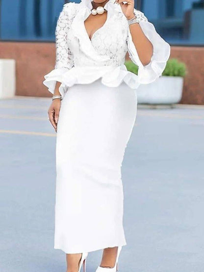 Sheath / Column Plus Size Elegant Wedding Guest Prom Valentine's Day Dress V Neck Half Sleeve Ankle Length Lace with Ruffles - RongMoon