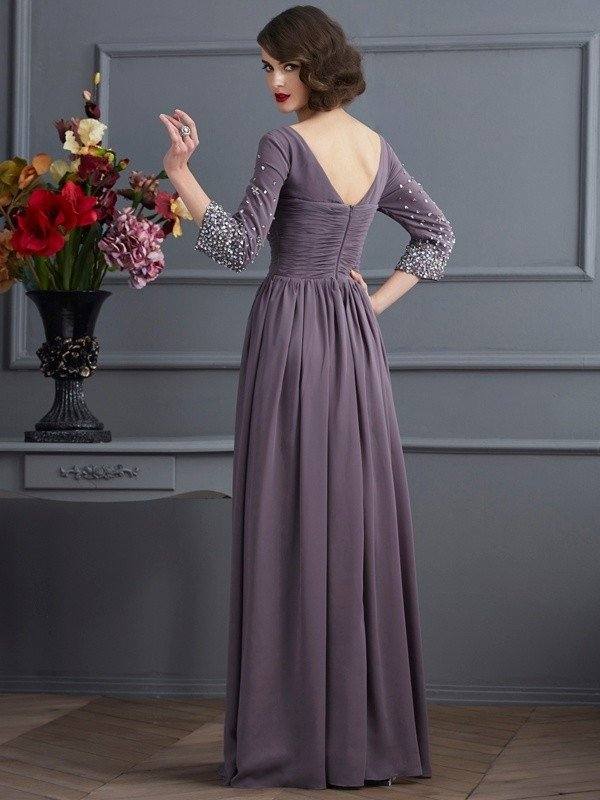 Sheath/Column V-neck 3/4 Sleeves Beading Long Chiffon Mother of the Bride Dresses - RongMoon