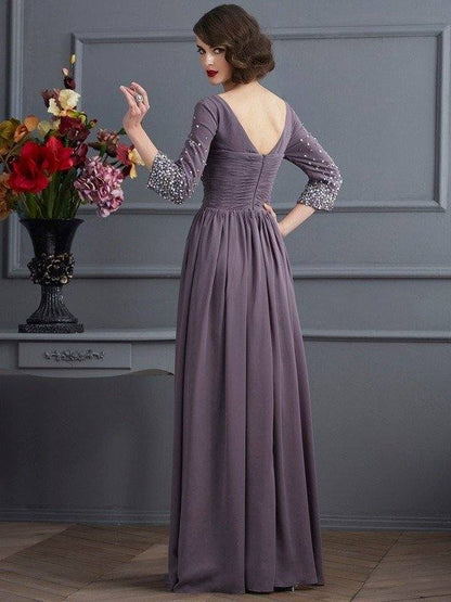 Sheath/Column V-neck 3/4 Sleeves Beading Long Chiffon Mother of the Bride Dresses - RongMoon