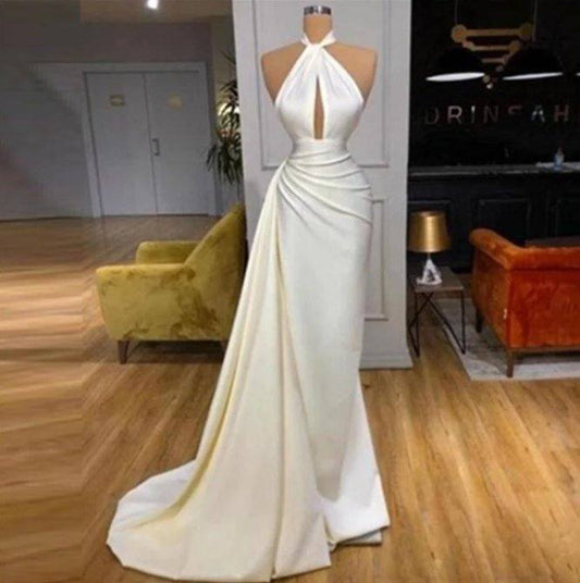 Backless Evening Dresses Mermaid Halter Floor Length Satin Long Turkey Dubai Saudi Arabic Evening Gown Prom Dresses - RongMoon