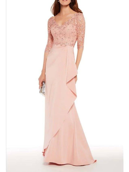 Sheath / Column Mother of the Bride Dress Elegant V Neck Floor Length Chiffon Lace Half Sleeve with Ruffles Appliques - RongMoon