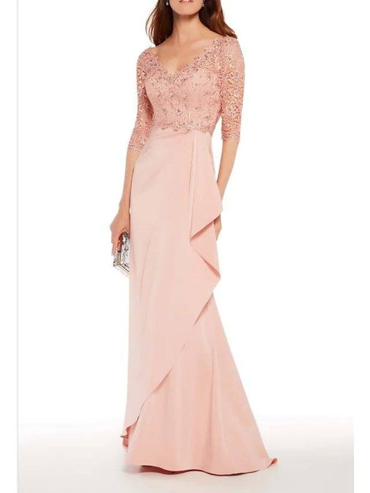 Sheath / Column Mother of the Bride Dress Elegant V Neck Floor Length Chiffon Lace Half Sleeve with Ruffles Appliques - RongMoon