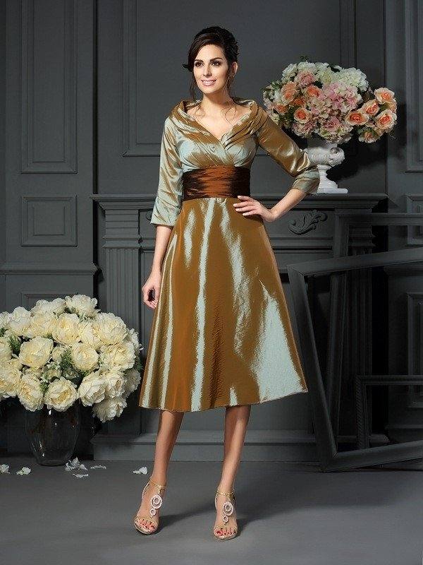 A-Line/Princess V-neck 3/4 Sleeves Short Taffeta Mother of the Bride Dresses - RongMoon