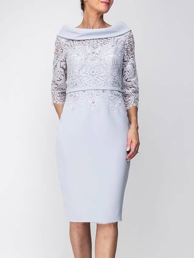 Sheath / Column Mother of the Bride Dress Elegant Jewel Neck Knee Length Satin 3/4 Length Sleeve with Sash / Ribbon Appliques Split Front - RongMoon