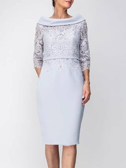 Sheath / Column Mother of the Bride Dress Elegant Jewel Neck Knee Length Satin 3/4 Length Sleeve with Sash / Ribbon Appliques Split Front - RongMoon