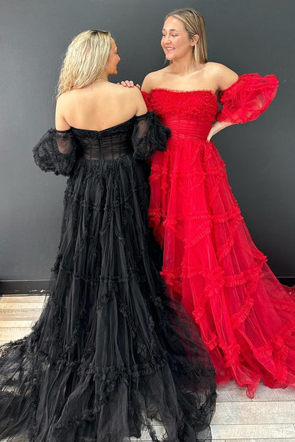 Magenta Strapless Ruffles A-Line Long Formal Dress with Puff Sleeves