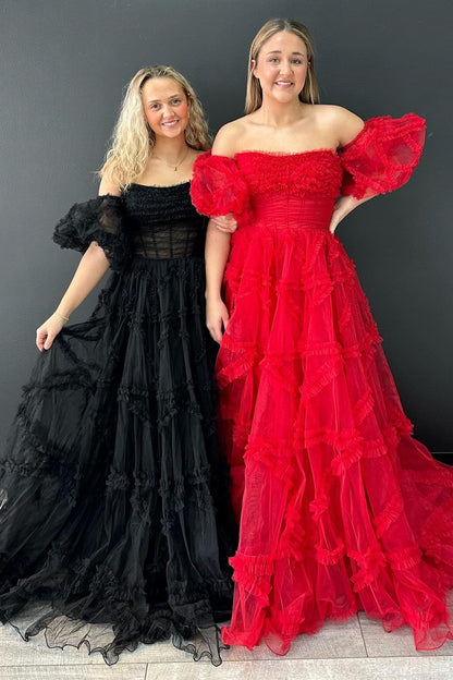 Magenta Strapless Ruffles A-Line Long Formal Dress with Puff Sleeves