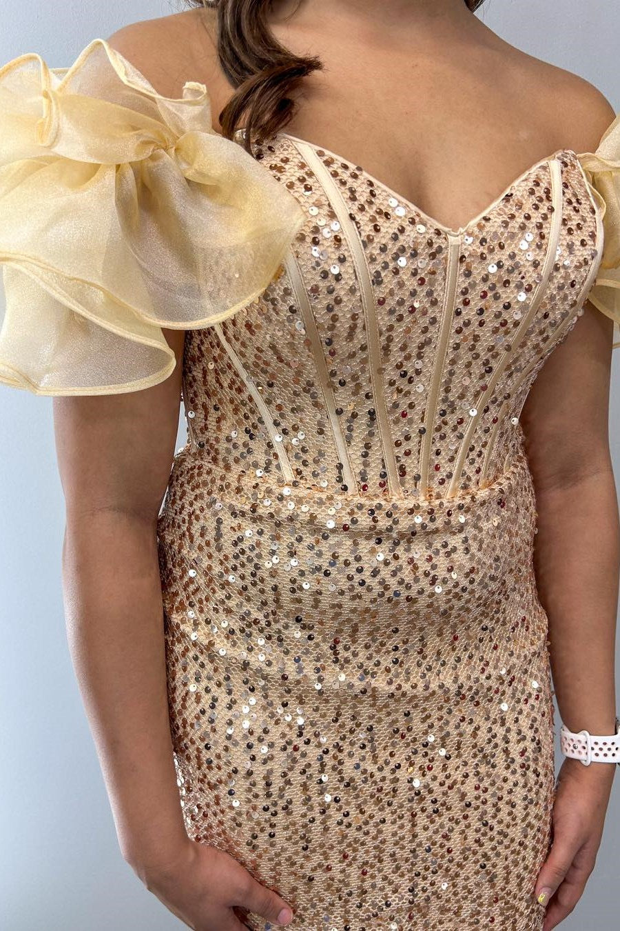 White Iridescent Sequin Off-the-Shoulder Short Dress