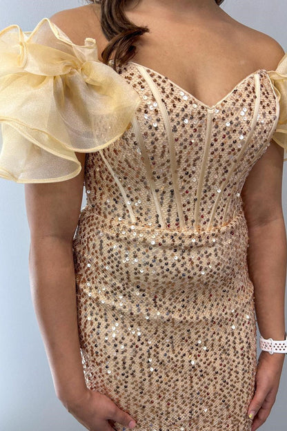 White Iridescent Sequin Off-the-Shoulder Short Dress