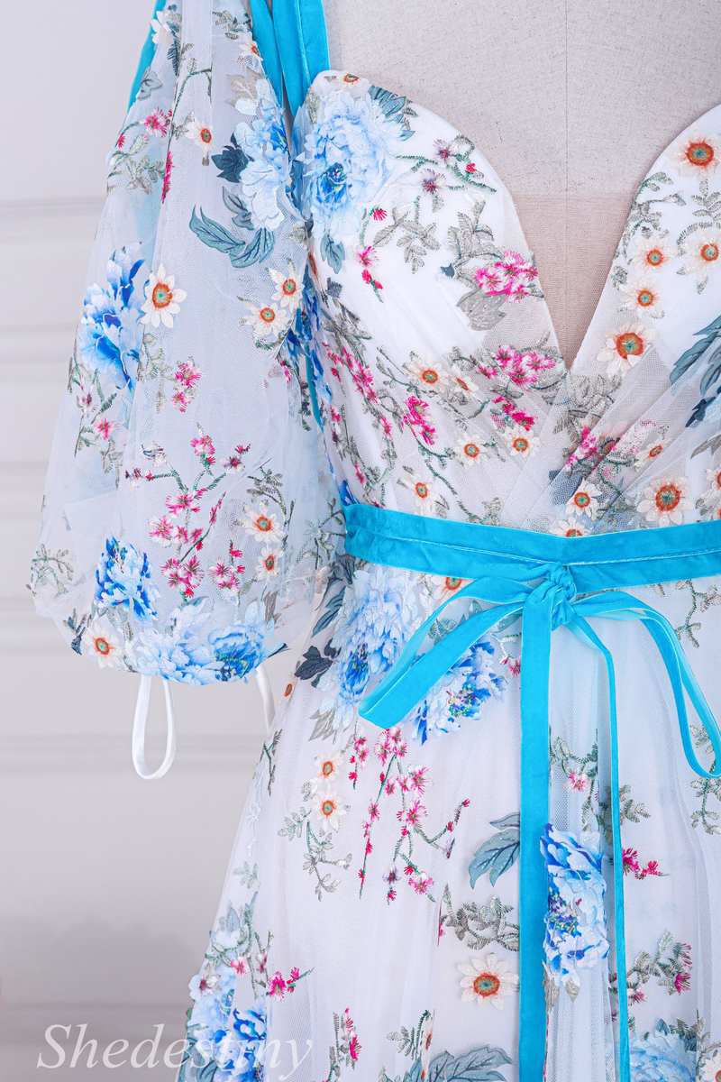 Floral Print V-Neck A-Line Long Prom Dress with Detachable Sleeves