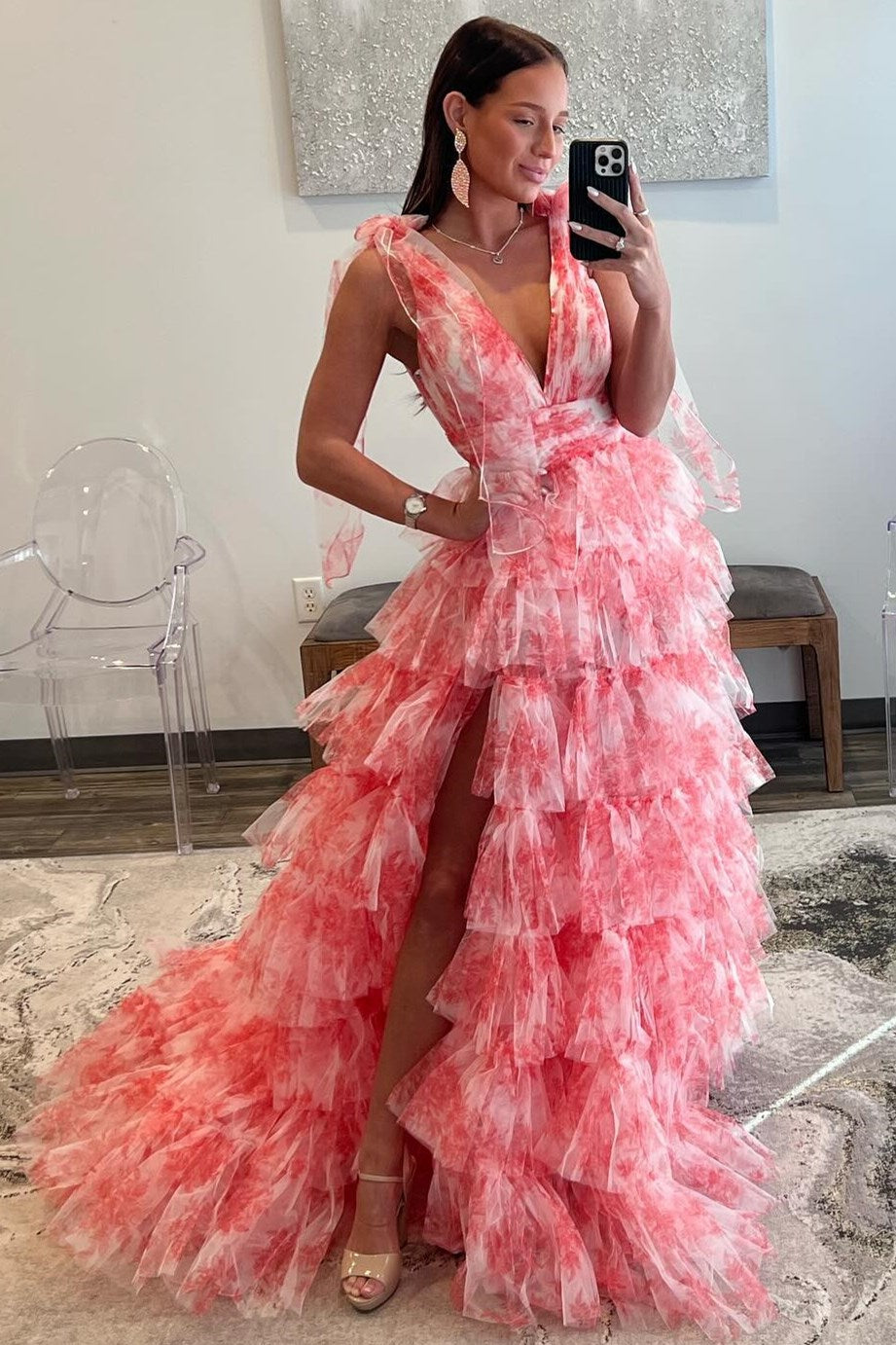 Coral Print Plunge V Ruffle Tiered Long Prom Dress