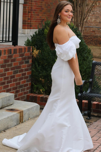 White Off-the-Shoulder Puff Sleeve Trumpet Long Wedding Dress
