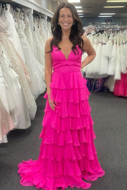 Hot Pink Spaghetti Strap Ruffle Tiered Long Prom Dress