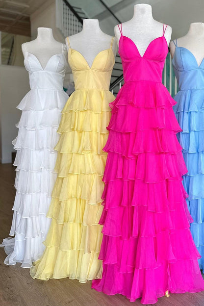 Hot Pink Spaghetti Strap Ruffle Tiered Long Prom Dress