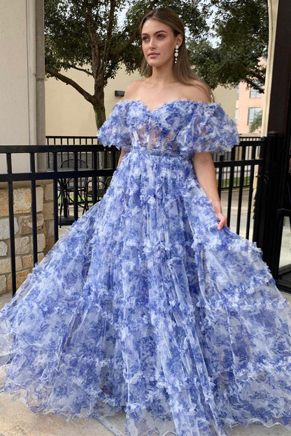 Navy Blue Print Puff Sleeve Ruffle A-Line Long Prom Dress