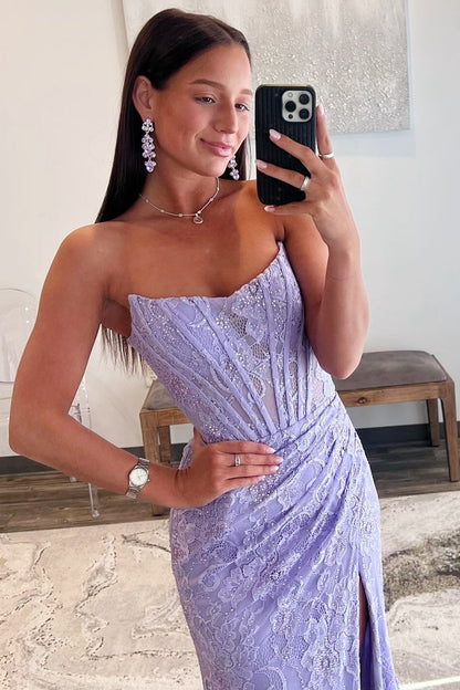Lavender Lace Strapless Corset Wrap Maxi Dress