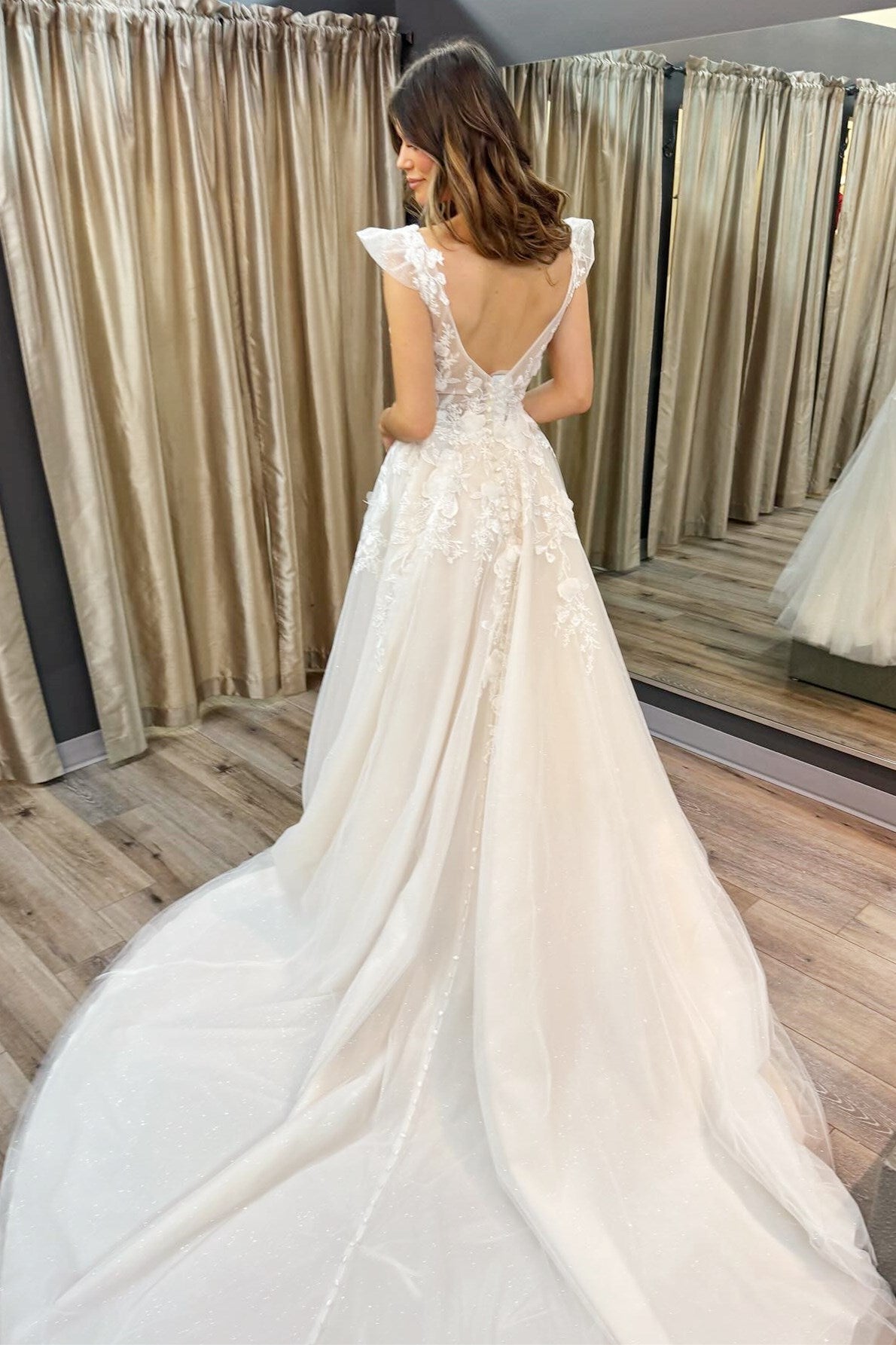White Appliques V-Neck A-Line Gown with Flutter Sleeves