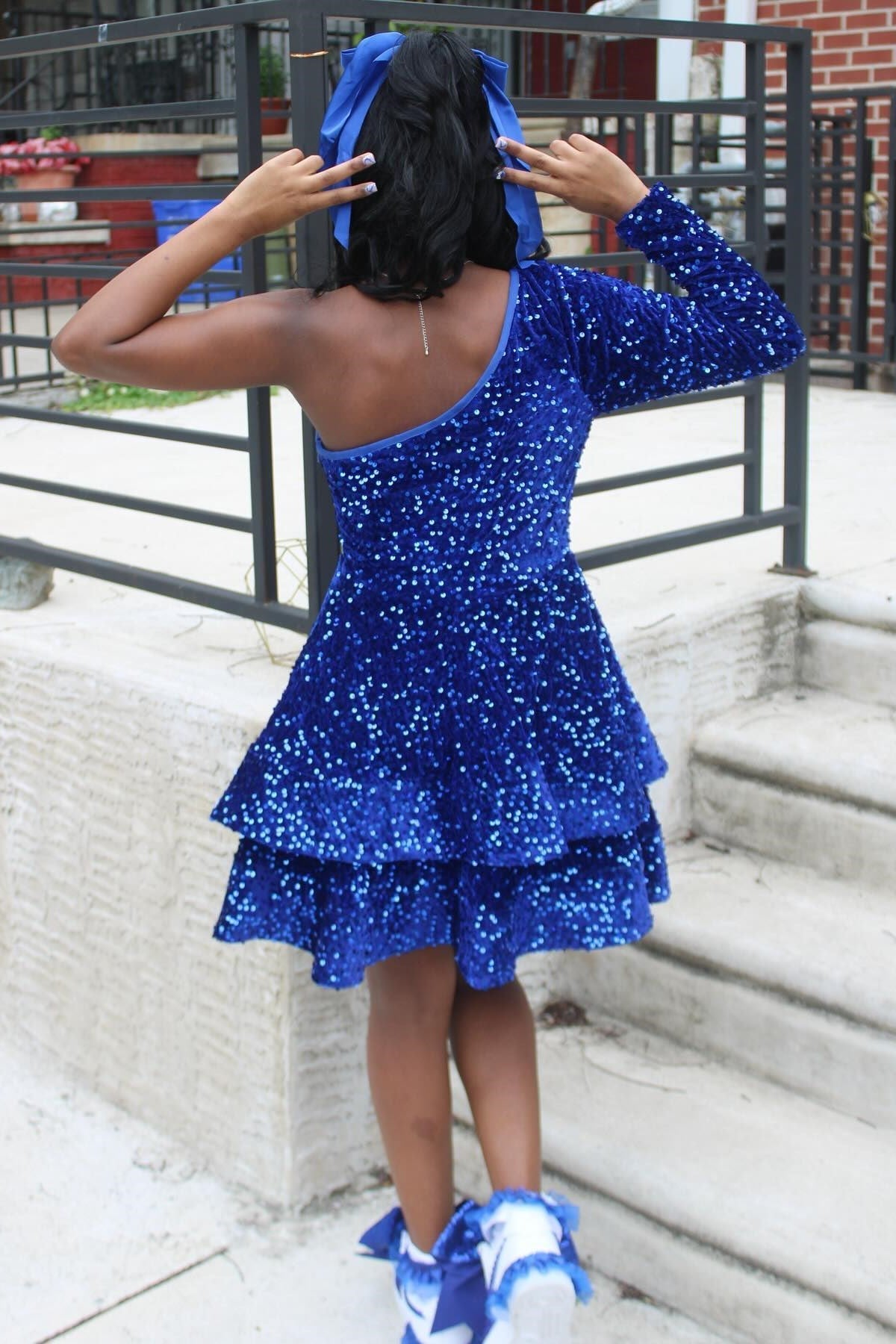 Blue Sequin One-Shoulder Tiered Short Homecoming Dress