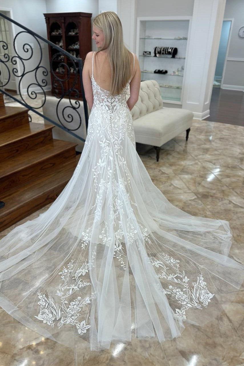 White Applique Spaghetti Strap A-Line Long Wedding Dress