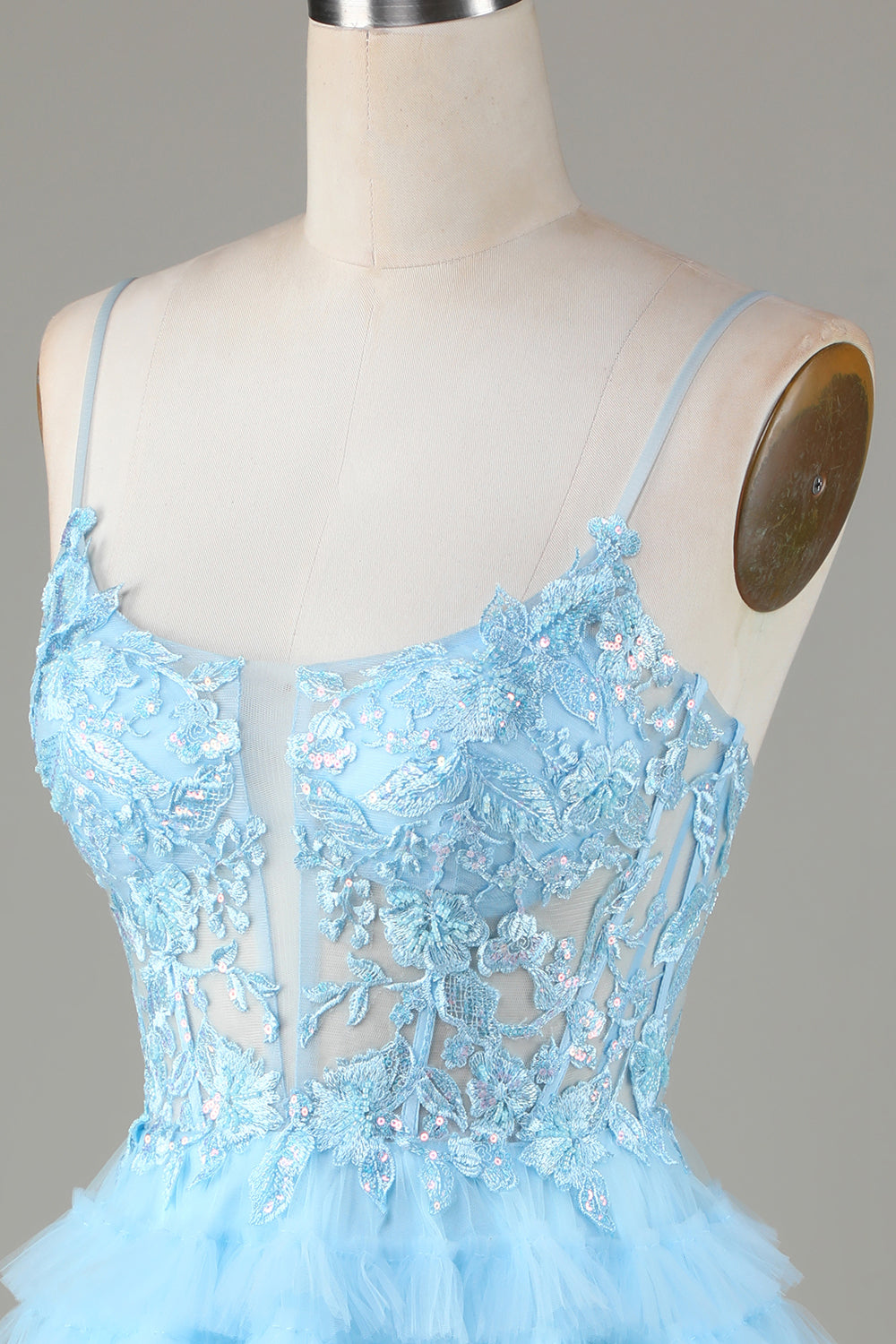 Light Blue Sheer Bodice Ruffle Tiered Short Homecoming Dress