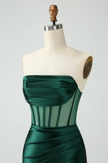 Strapless Sheer Bodice Mini Cocktail Dress in Emerald Green