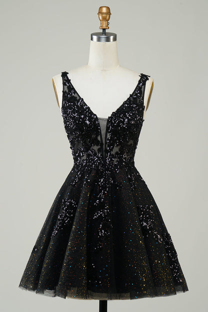 Orange Glitter Applique V-Neck A-Line Homecoming Dress
