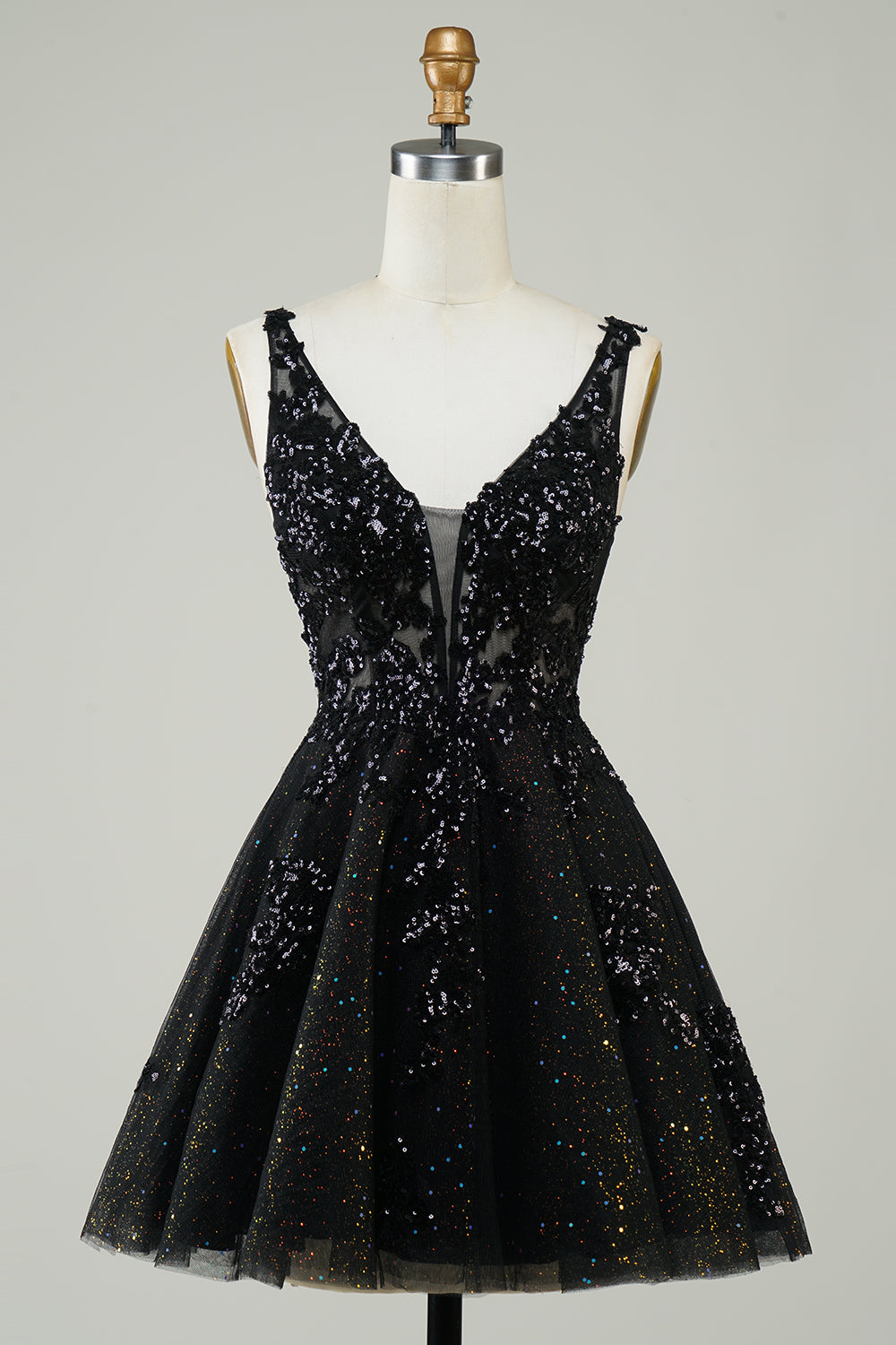 Orange Glitter Applique V-Neck A-Line Homecoming Dress