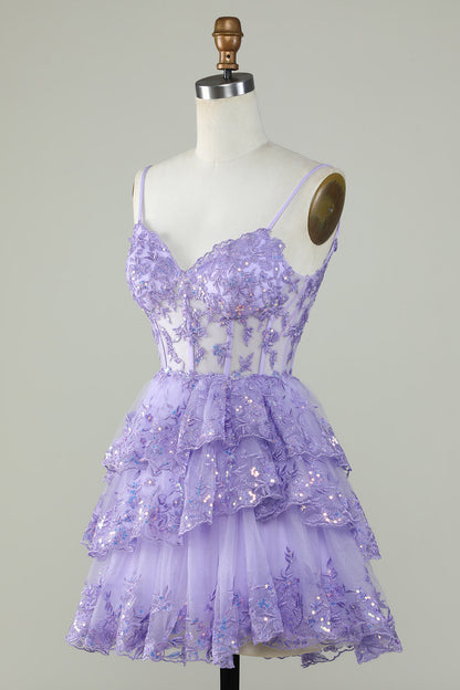 Glitter Lace Corset Ruffle Tiered Short Homecoming Dress