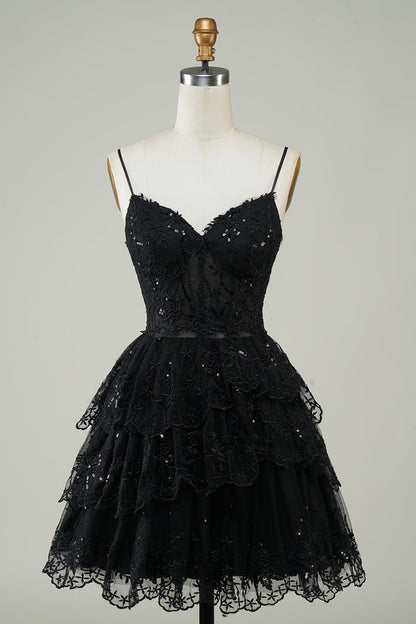 Glitter Lace Corset Ruffle Tiered Short Homecoming Dress