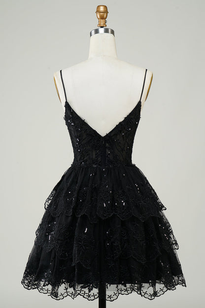 Glitter Lace Corset Ruffle Tiered Short Homecoming Dress