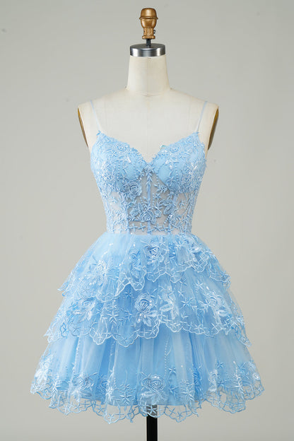 Glitter Lace Corset Ruffle Tiered Short Homecoming Dress
