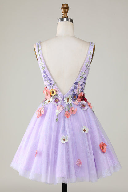 3D Floral V-Neck Backless Homecoming Dress in Lavender