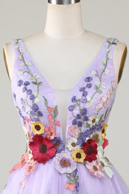 3D Floral V-Neck Backless Homecoming Dress in Lavender