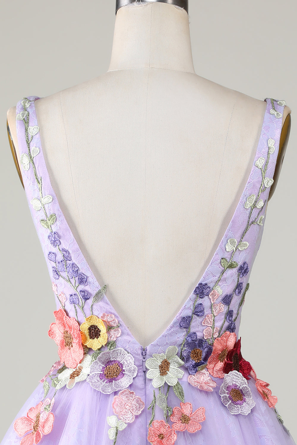 3D Floral V-Neck Backless Homecoming Dress in Lavender