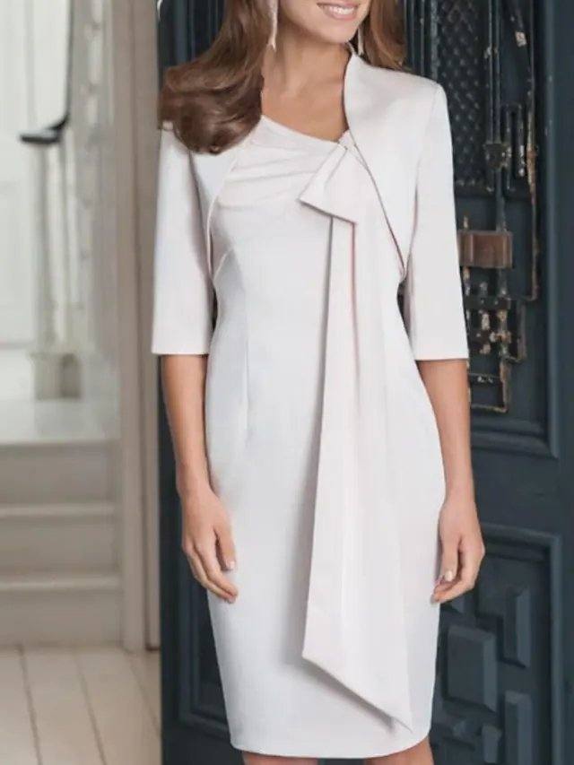 Sheath / Column Mother of the Bride Dress Elegant V Neck Knee Length Chiffon Half Sleeve with Bow(s) - RongMoon